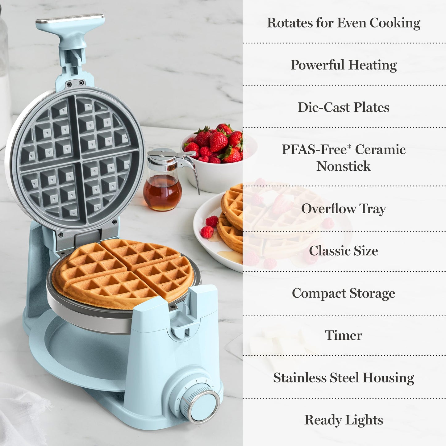 Martha Stewart Rotating Waffle Maker, 180° Flip Iron with PFAS-Free Nonstick Plates, Adjustable Timer, Ready Light, Drip Tray, Space Saving, Classic Round 7”, Easy to Clean, Stainless Steel, Sky Blue