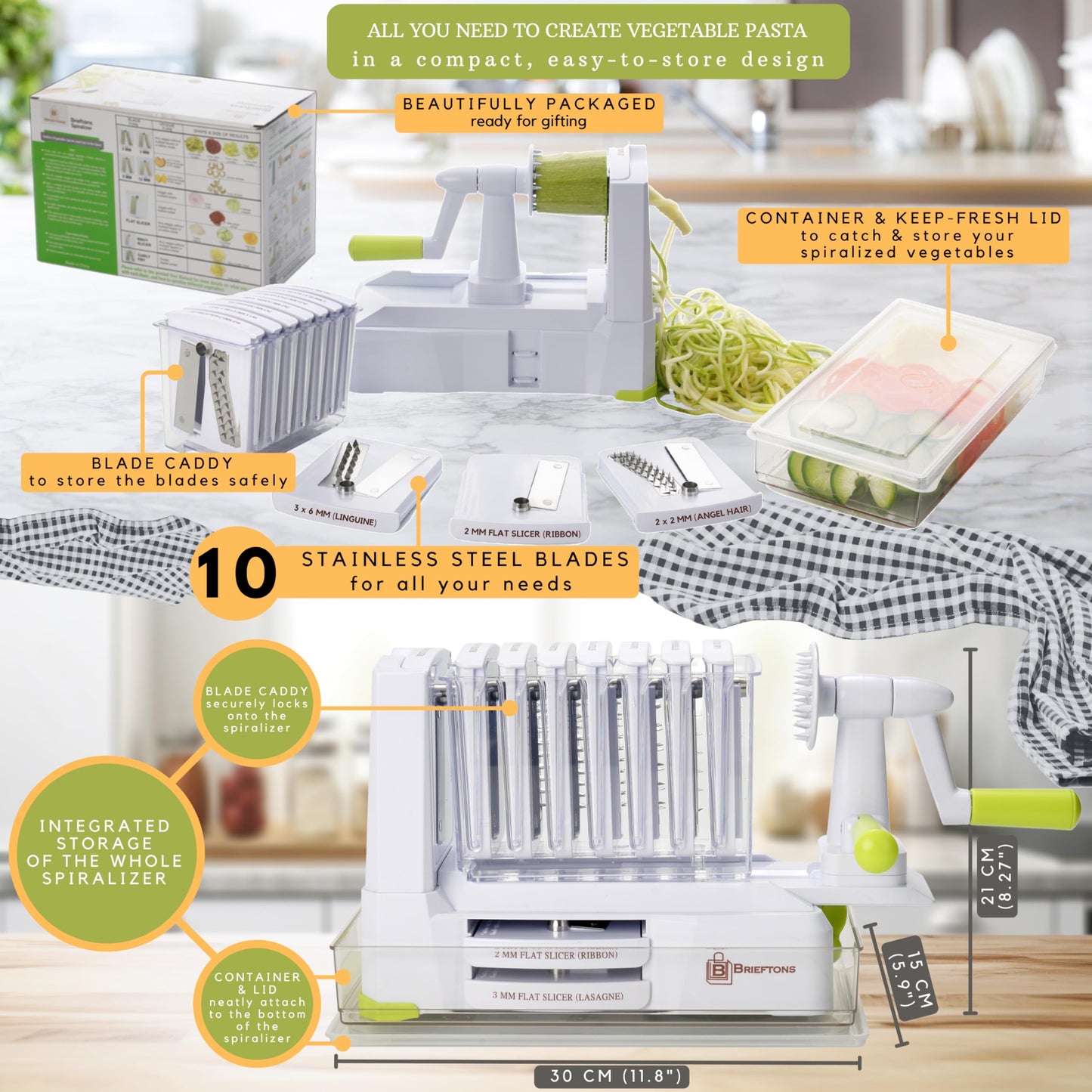 Brieftons 10-Blade Vegetable Spiralizer: Zucchini Spiral Slicer & Veggie Noodle Maker, Japanese Steel Blades, Catch Container, Strong Suction Cup, Blade Caddy, 4 eBooks | Low Carb, Vegan, Gluten-Free
