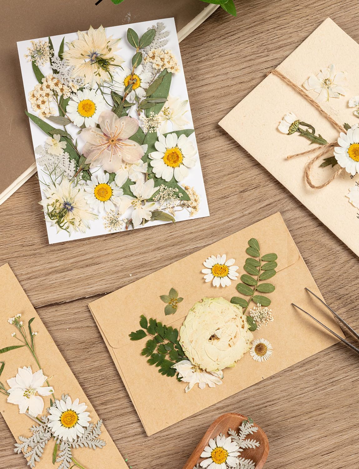100pcs White and Light Yellow Dried Pressed Flowers Bulk, Natural Fall Pressed Dried Flowers with Tweezer for DIY Crafts Resin Mold Candles Cake Bridal Scrapbooking Supplies
