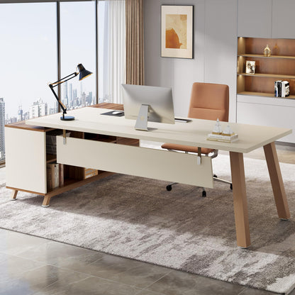 Tribesigns 78.7-Inch Executive Desk, L-Shaped Desk with 55-Inch Cabinet, Large Office Desk with Storage Shelves, Modern Computer Desk for Home Office, White & Walnut