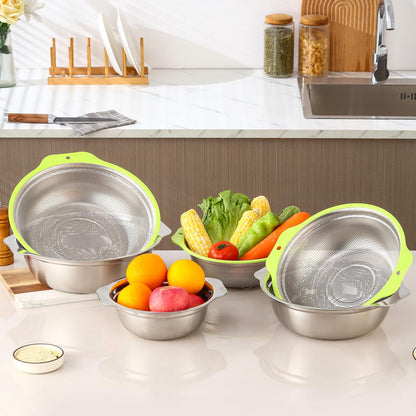 AHIABOAT Colander Stainless Steel Microporous, 2QT Rice Strainer with Mixing Bowl, Rice Washer Bowl Set with Handle, Food-Grade Strainers and Colanders for Kitchen, Pasta, Fruit, Dishwasher Safe