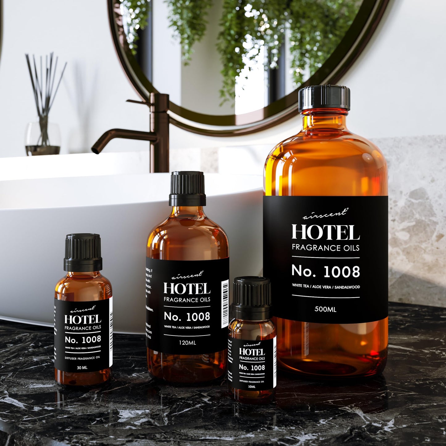 AirScent Hotel Diffuser Oil No. 1008 - White Tea, Aloe Vera & Sandalwood - Premium Fragrance Oil for Ultrasonic and Waterless Diffusers and Crafting - 500 mL, 16.9 fl oz Glass Bottle