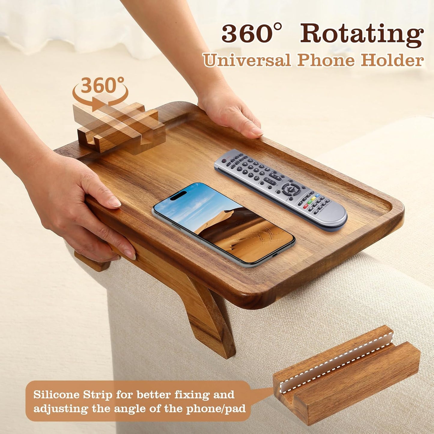 Acacia Wood Couch Armrest Table,Sofa Arm Tary Table for Living Room,Sofa Armrest Tray with Rotated Phone Holder,Clip on