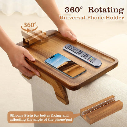 Acacia Wood Couch Armrest Table,Sofa Arm Tary Table for Living Room,Sofa Armrest Tray with Rotated Phone Holder,Clip on