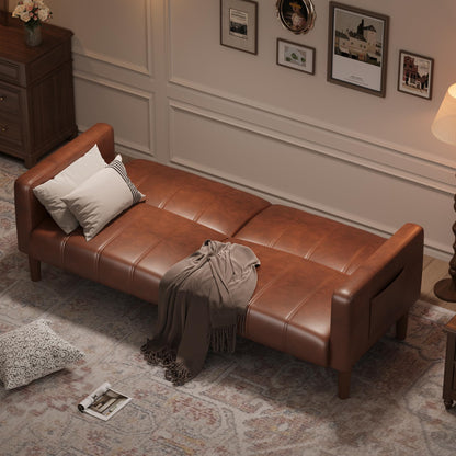 GarveeHome Futon Sofa Bed, 75-Inch Modern Faux Leather Convertible Couch, Mid-Century Loveseat for Small Space, Living Room, Bedroom, Brown
