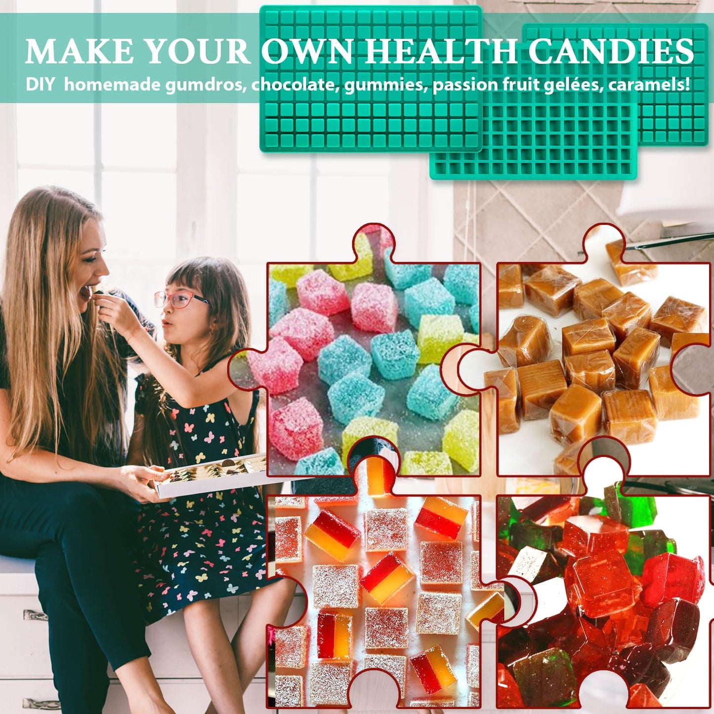 Square Gummy Molds Silicone, Mini Cute Candy Chocolate Keto Molds 3 Pack 126 Cavities Non-stick BPA free Tiny Bite Size Molds for Ice Cube Fruit edible Gummy Mold Easy to Release DIY Candy Making Kit