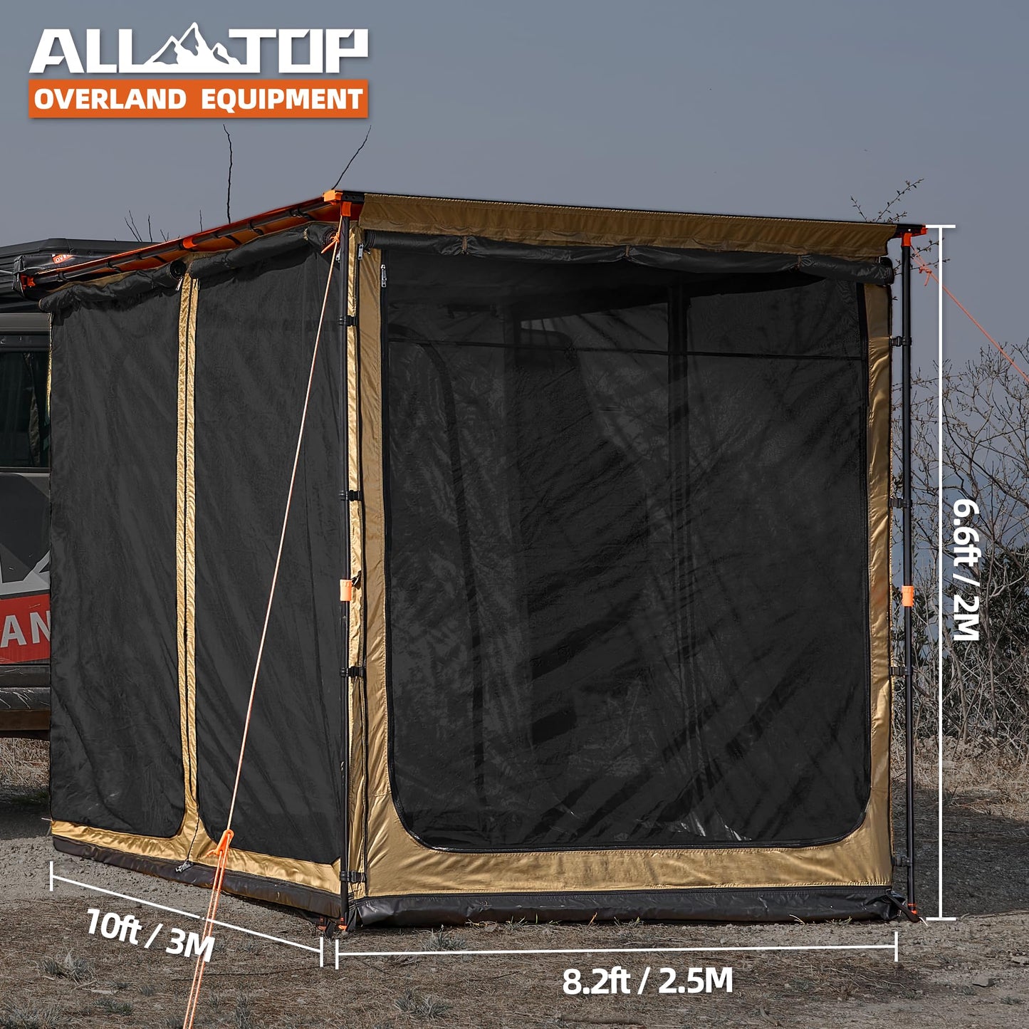 ALL-TOP Awning Room with Floor 8.2' x 10' Rip-Stop 210D Oxford Awning Tent with Bug-Resistance Mesh, Waterproof Sun Shelter for Overland, Camping(Black Coating, Room Only)