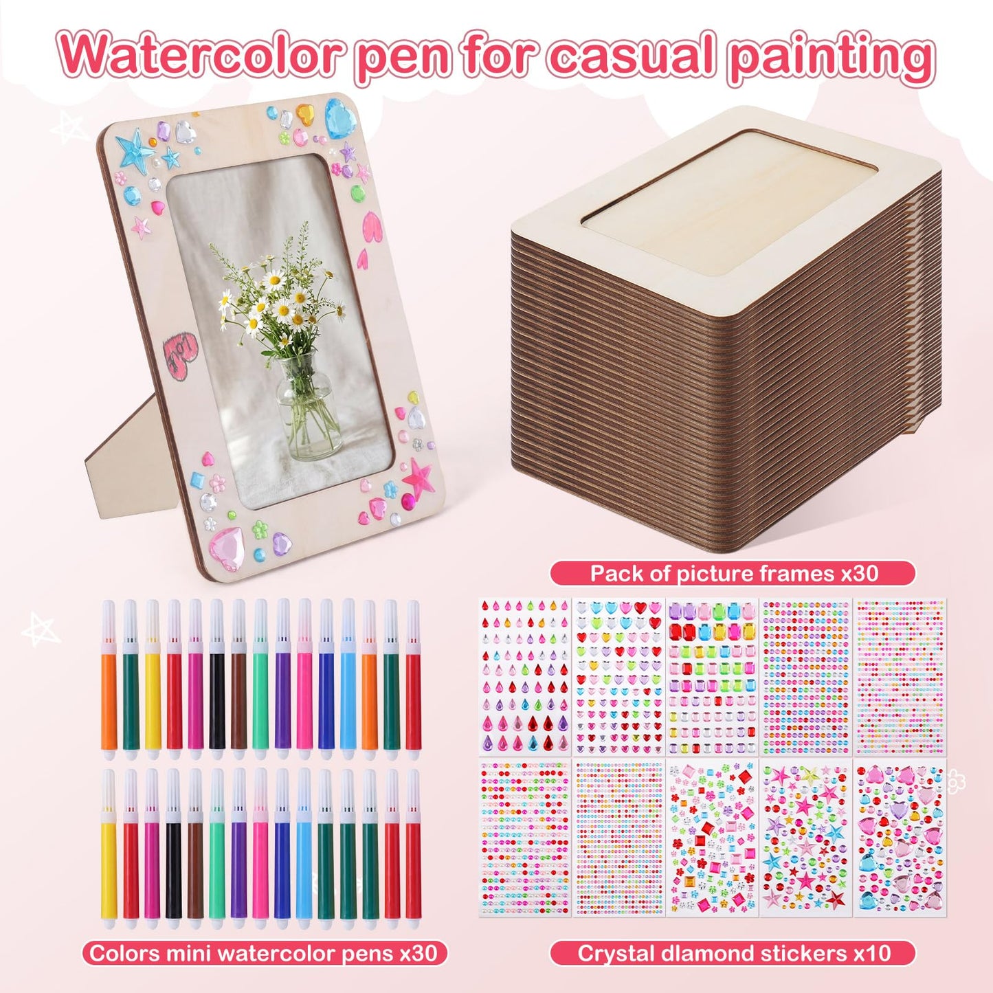 Yousoontic 30 Pack Picture Frame Painting Craft Kit for 4 x 6 Inch Photo DIY Unfinished Wooden Picture Frames with 30 Pcs Color Pens and 10 Sheets Crystal Diamond Stickers for DIY Craft
