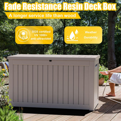 PatioZen 280 Gallon Outdoor Deck Box,Waterproof Resin Outdoor Storage Boxes, Outside Storage Lockable Container for Garden Tools,Indooor Cushions,Accessories (Grey)