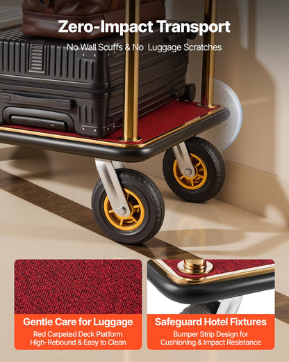 VEVOR Hotel Luggage Cart, 1200 lbs Heavy Duty Bellman Cart with Stainless Steel Frame, 8 in Rubber Wheels, Red Carpeted Deck, Commercial Luggage Carrier Rolling Trolley for Hotels, Resorts, Gold