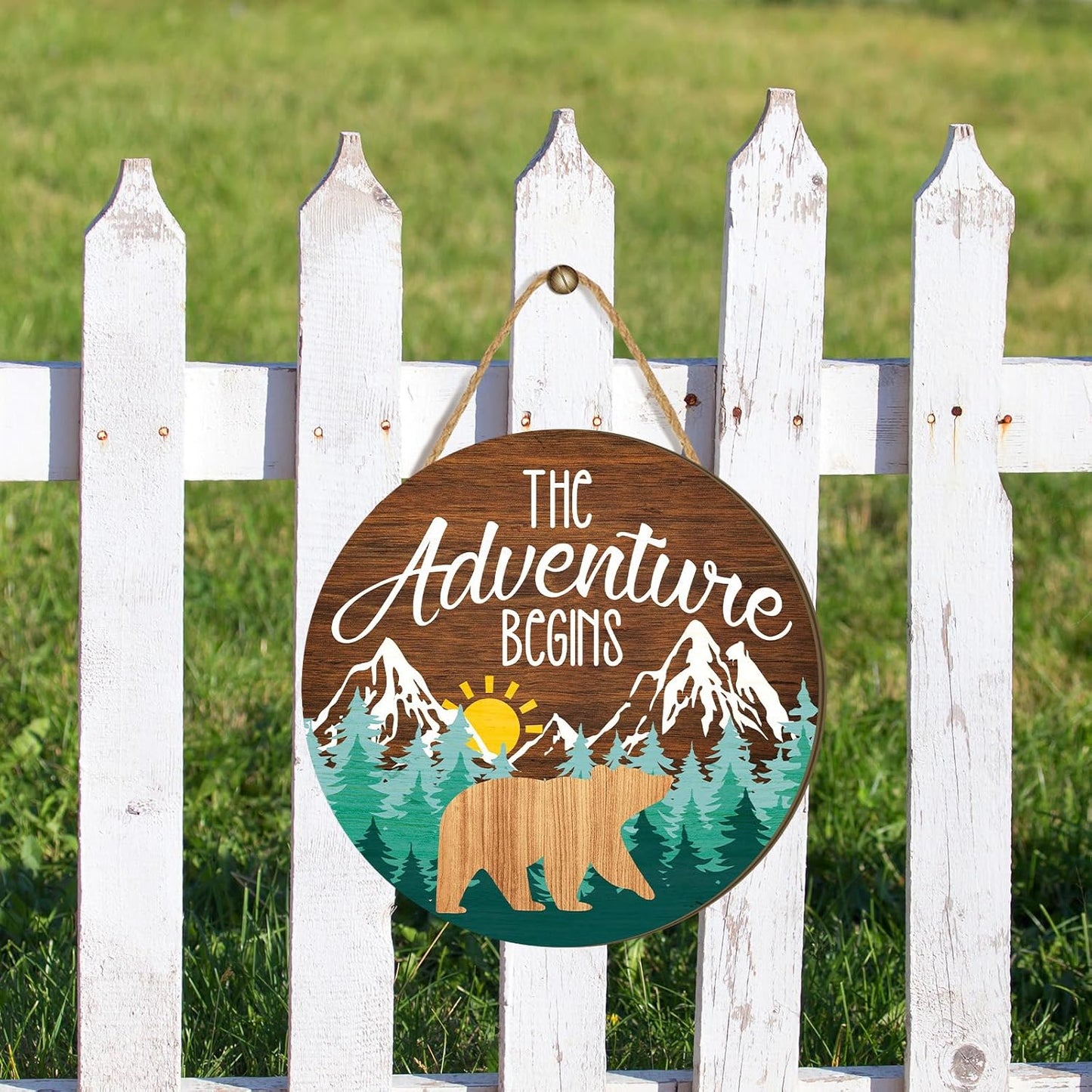 12 12'' Chunful The Adventure Begins Wooden Hanging Sign, x Woodland Nursery Decor, Green Trees Brown Background