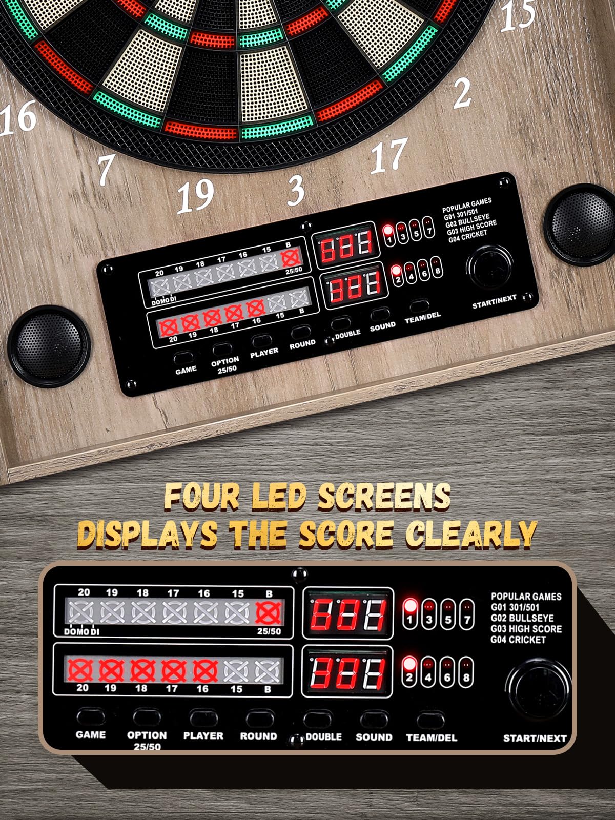 Yirinatek Electronic Dart Board, Decorative Dart Board Cabinet Set for Adults [12*Bronze Soft Tip Darts] [Cricket Game Mode] - Wooden Electric Dartboard Cabinet - Retro Case