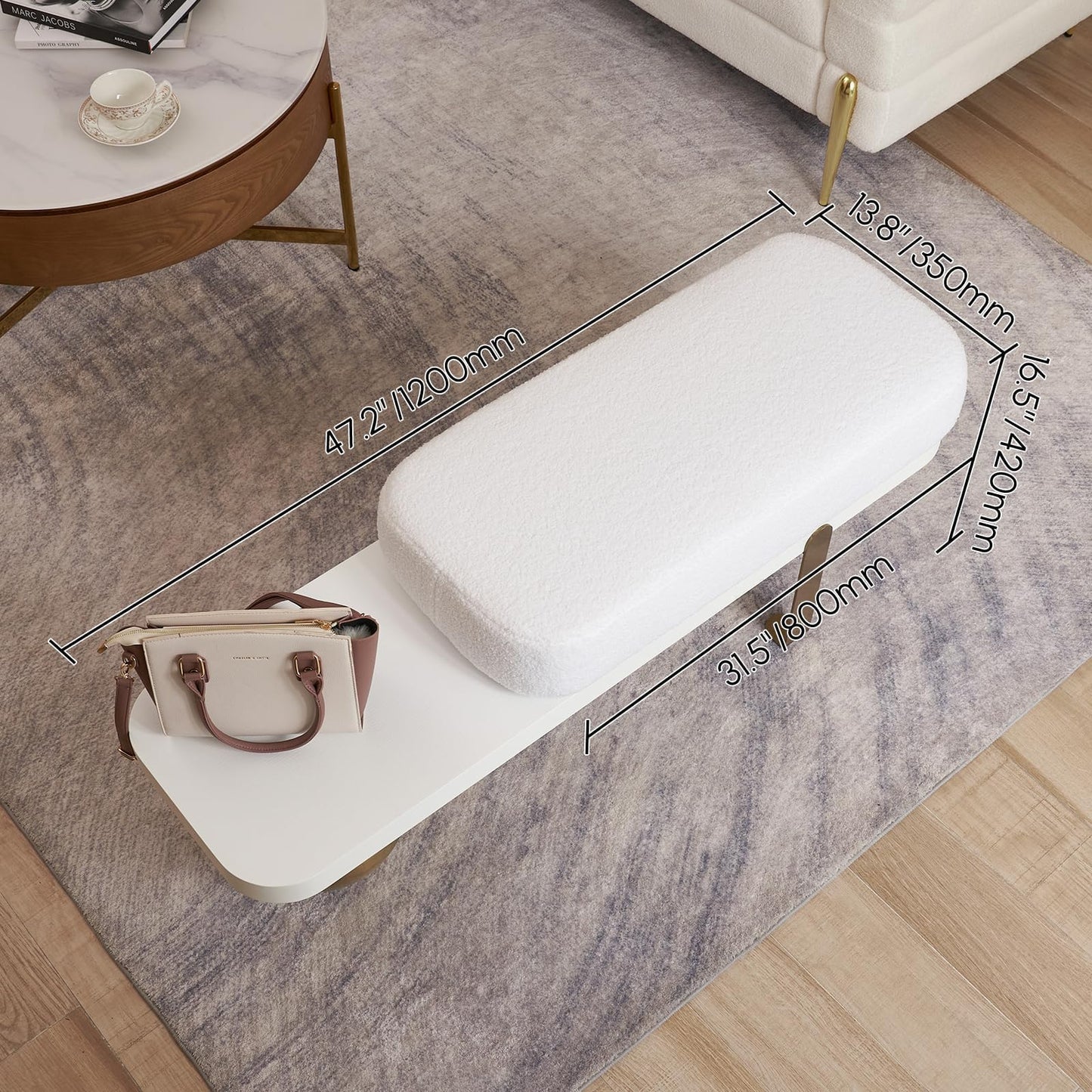 homary 47.2" Modern Entryway Bench, Wooden Boucle Upholstered Bench with Abstract Metal Legs, Lambswool Cushioned Seating for Entryway, Bedroom or Living Room