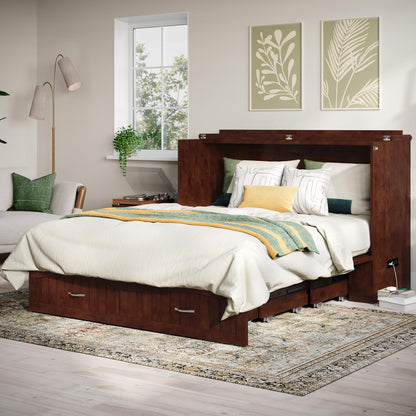 AFI, Aspen Mid-Century Modern Queen Solid Wood Murphy Bed Chest with 6" Mattress, Storage Drawer & Built-in USB Charger, Walnut