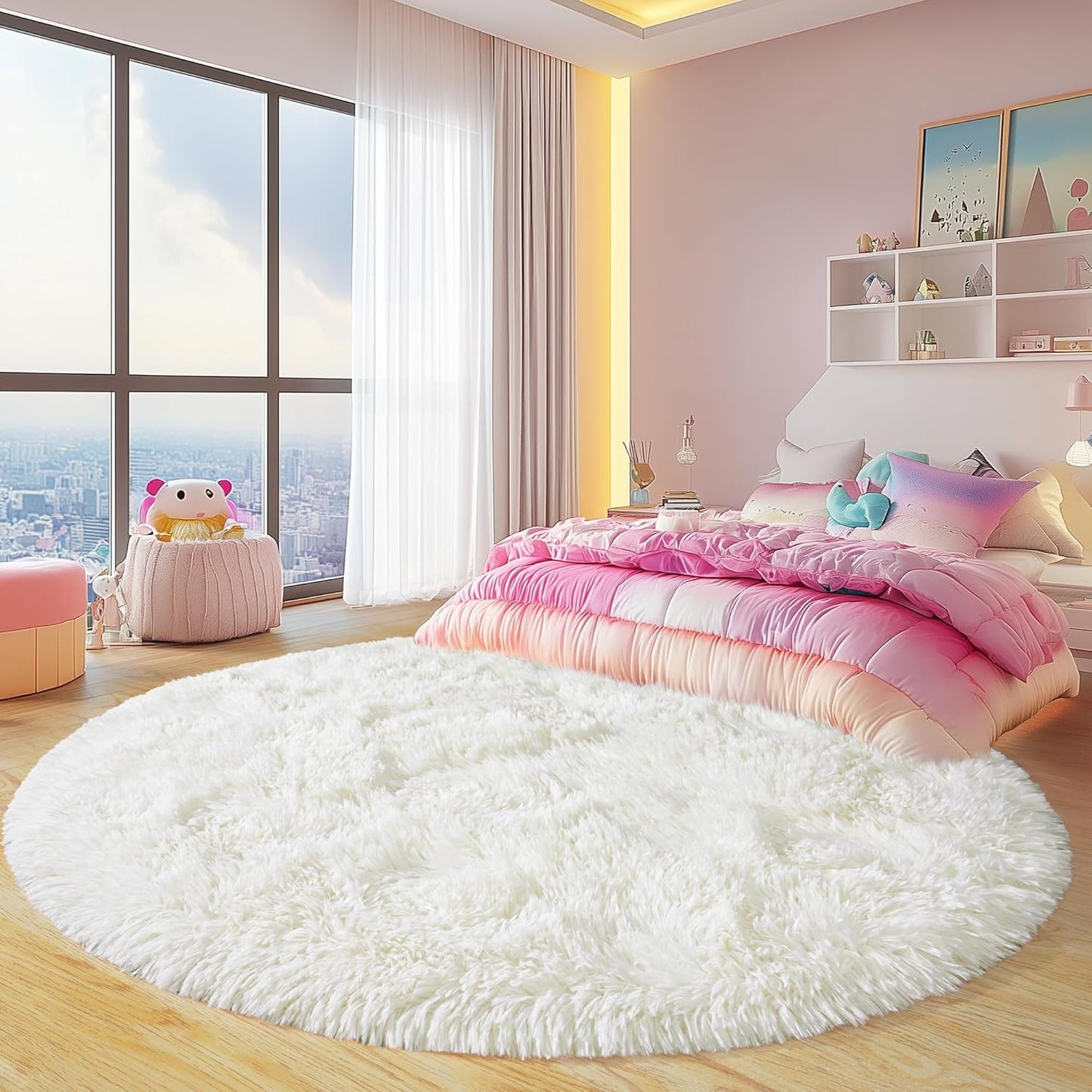 4Ft Xexsin Round Fluffy Rugs for Girls Bedroom, Cream White Shag Circle Kids Rug Non-Slip for Bedside Dorm Nursery