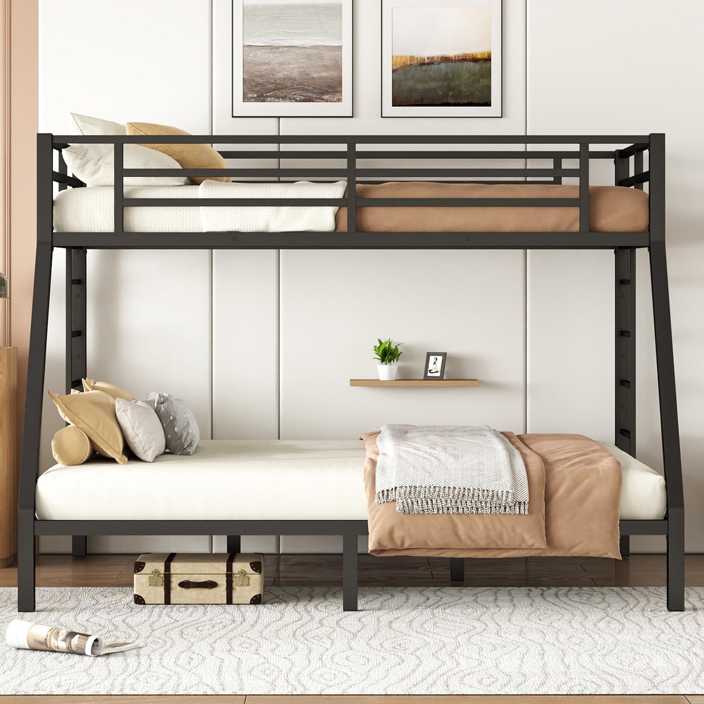 Bellemave Metal Bunk Bed Twin XL Over Queen with Ladder ＆ Full-Length Guardrails, Heavy Duty Bunk Bed Frame with Sturdy Slats, Twin XL Over Queen Bunk Beds, Noise Free, No Box Spring Needed, Black