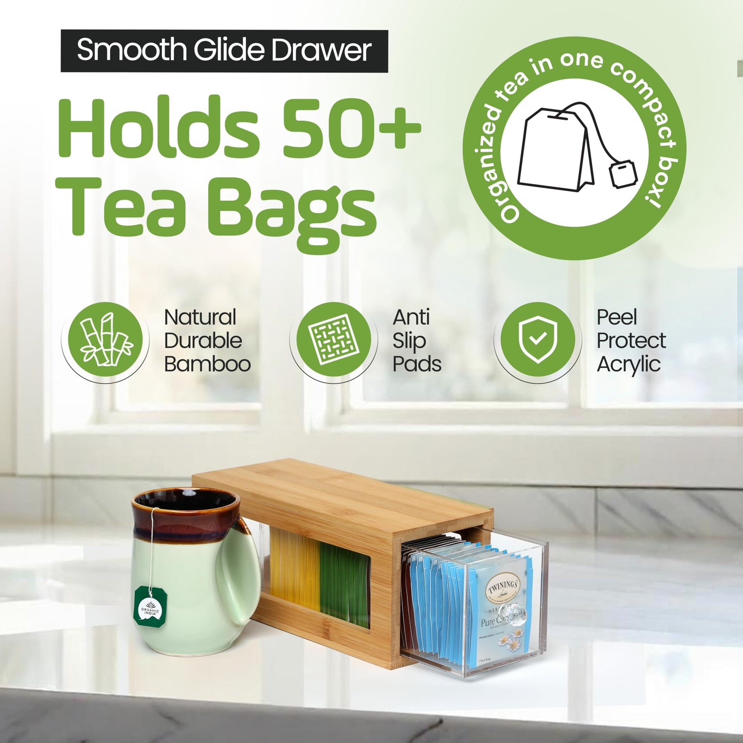 Serenica Homes Bamboo and Acrylic Drawer Tea Bag Holder- Durable & Elegant Tea Bag Storage Holder for Kitchen Countertop, Space-Saving Tea Drawer Organizer