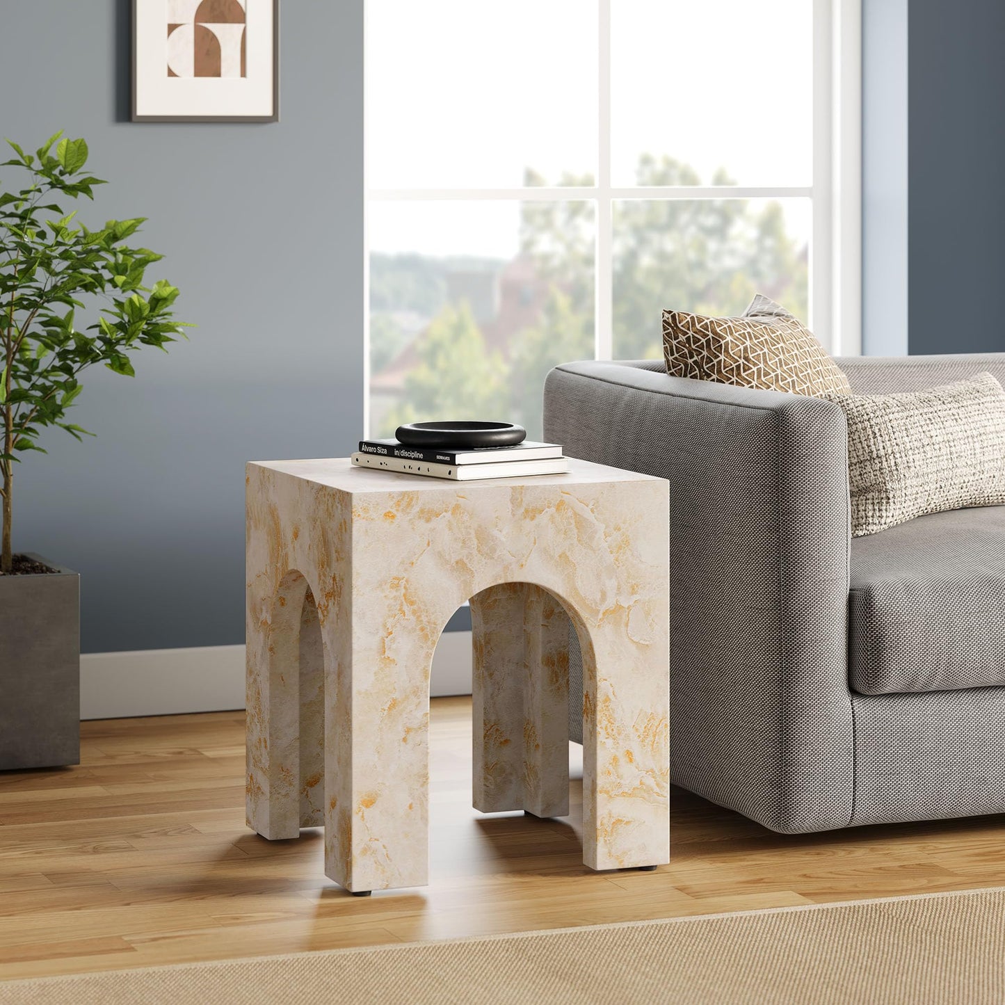 Modway Valen Arched Concrete Side Table with Faux Stone Finish in Honey Onyx
