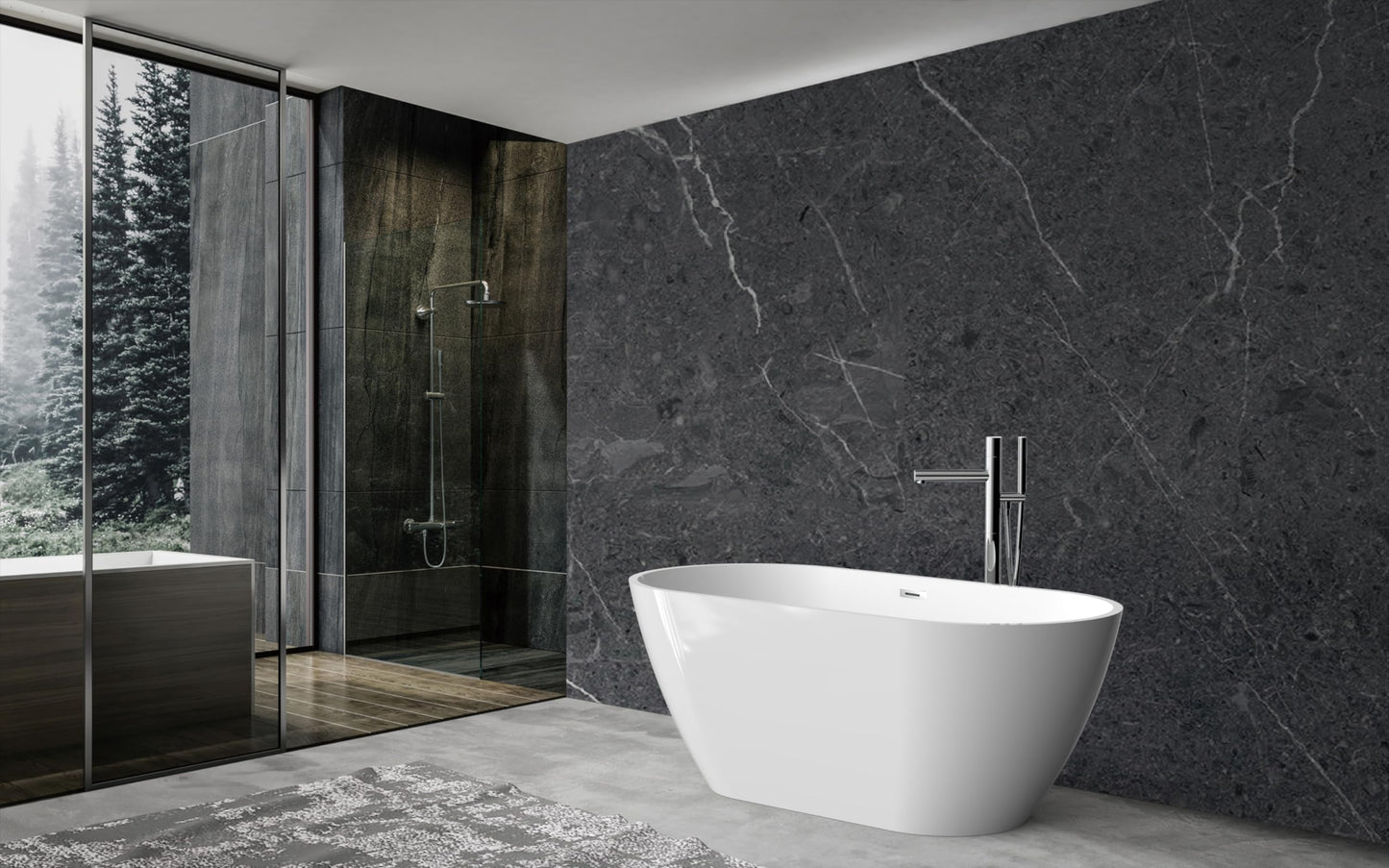 59'' Acrylic Free Standing Soaking Tub, Double-Walled Insulated Freestanding Bathtub with Ergonomic Deep Design, Glossy White, Matte Drain, Black Overflow, cUPC Certified Stand Alone Tub