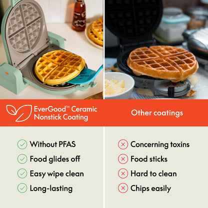 bella Flip-n-Store Waffle Maker with EverGood™ Ceramic Nonstick Coating, Fits-anywhere™ Kitchenware, Power Indicator Light, Cool Touch Handle & Cord Wrap, 7” Wide & 1" Deep Plates, 1000 Watt, Seaglass