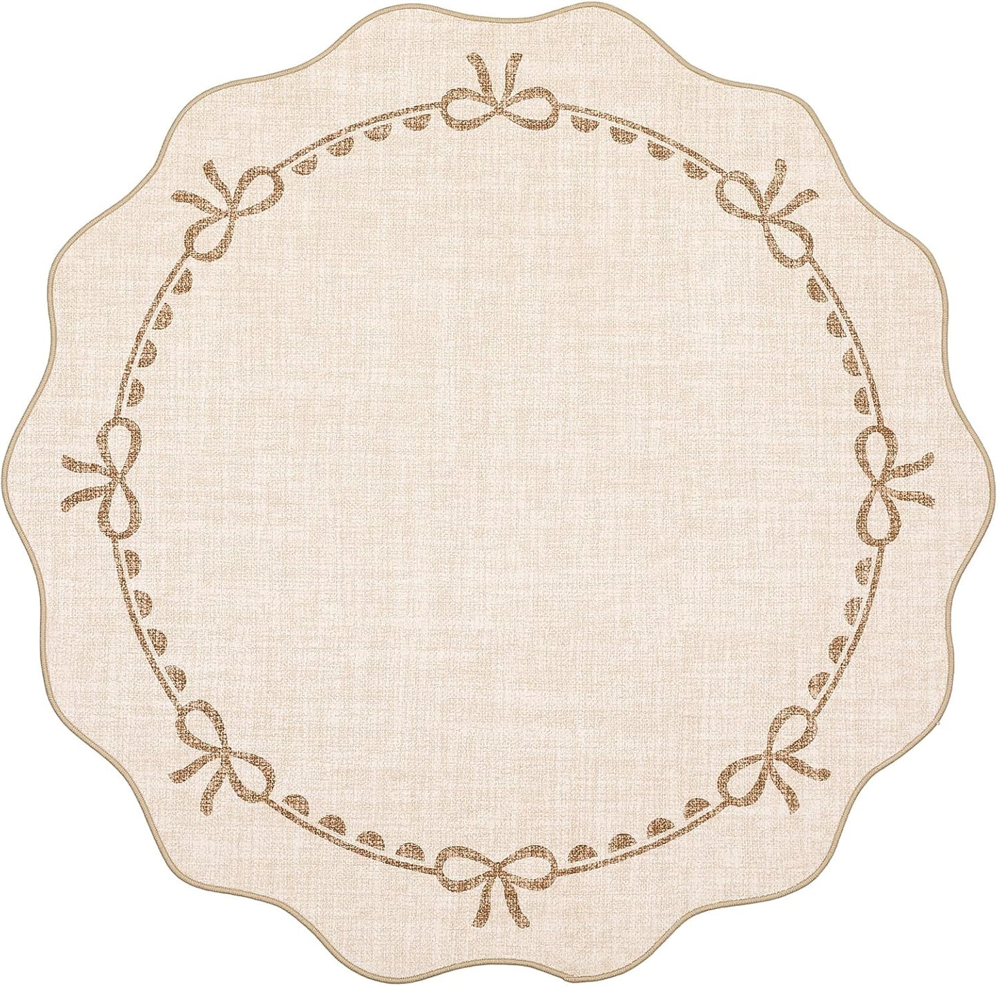 5ft GarveeHome Scalloped Bow Rug for Living Room, Round Rugs Washable Solid Beige Rug for Dorm Soft Low Pile Non Slip