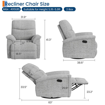 GarveeHome Recliner Chair, 360° Swivel Rocker Glider Nursery Chair with Padded Armrest and Deep Seat, PU Leather Upholstered Reclining Sofa Chair for Living Room, Bedroom and Nursery (Light Gray)