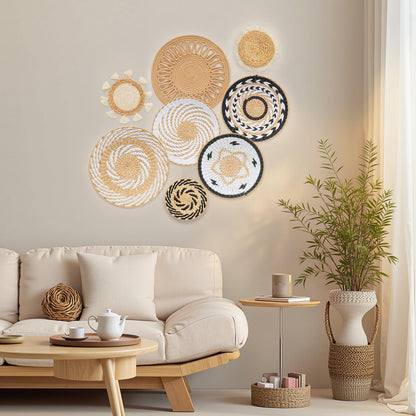 8 Pack Boho Wall Decor, 12 Inch Wall Basket Decor Round Handmade Hanging, Rattan Woven Wall Basket Decor for Living room, Rustic Flat Elegant, Farmhouse, Bedrooms, Table Settings, Kitchen Home