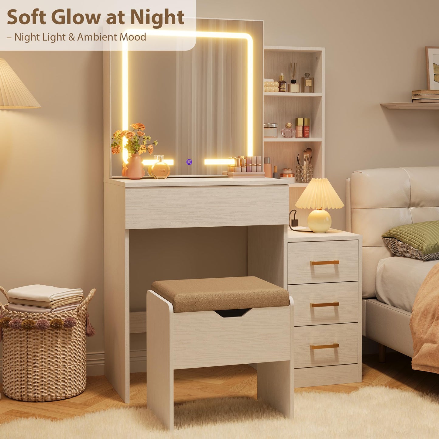 IDEALHOUSE Vanity Desk with Mirror and Lights, Vanity Table and Chair Set with 4 Drawers and Charging Station, Dresser LED Sliding Mirror with 3 Color Modes Adjustable Storage Shelves, White