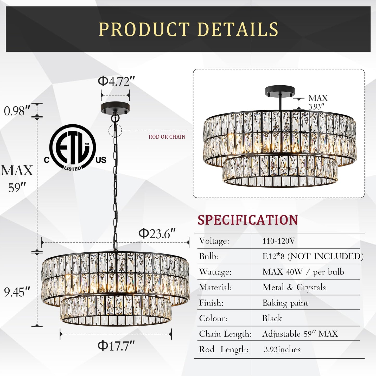 CATINER 24'' Black Crystal Chandeliers Luxury 8-Lights Pendant Chandelier Drum Semi Flush Mount Ceiling Lights for Living Room Dining Room Foyer Bedroom Kitchen