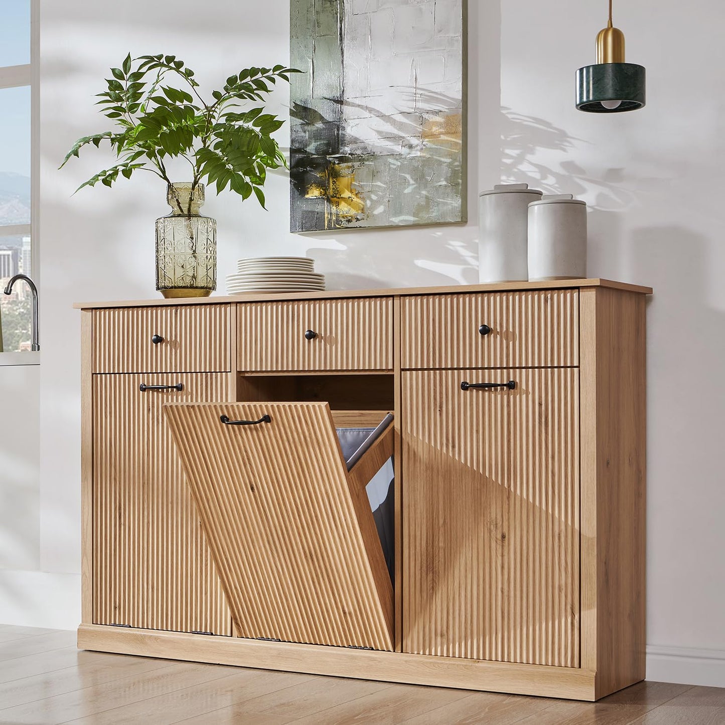 IFBUY Triple Tilt Out Laundry Hamper Cabinet, Modern Fluted Trash Can Cabinet with 3 Drawers, 20 Gallon Hidden Garbage Can Cabinet w/Laundry Basket & Adjustable shelf for Bathroom,Kitchen, Natural Oak