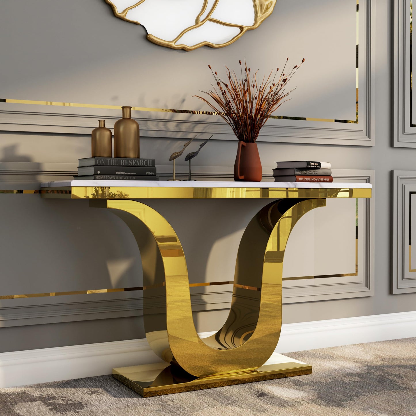 Anewsun Gold Console Table, White and Gold Living Room Sofa Table, 50" Rectangle Console Table for Entryway, Living Room, Office, Foyer, Front Hall, Hallway