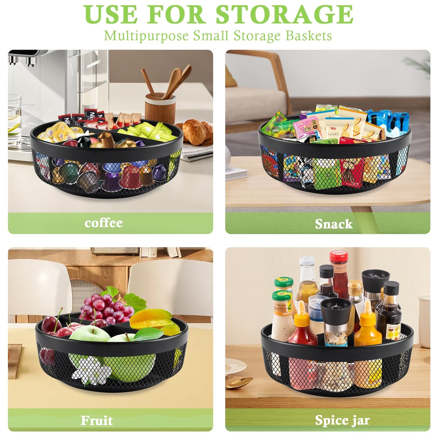 Xbopetda Snack Organizer for Countertop, Metal Turntable Organizer with Divider, 4 Compartment Snack Storage Spinning Snack Tray, Lazy Susan Snack Spinner for Snack Bar Organizer Pantry Storage-Black