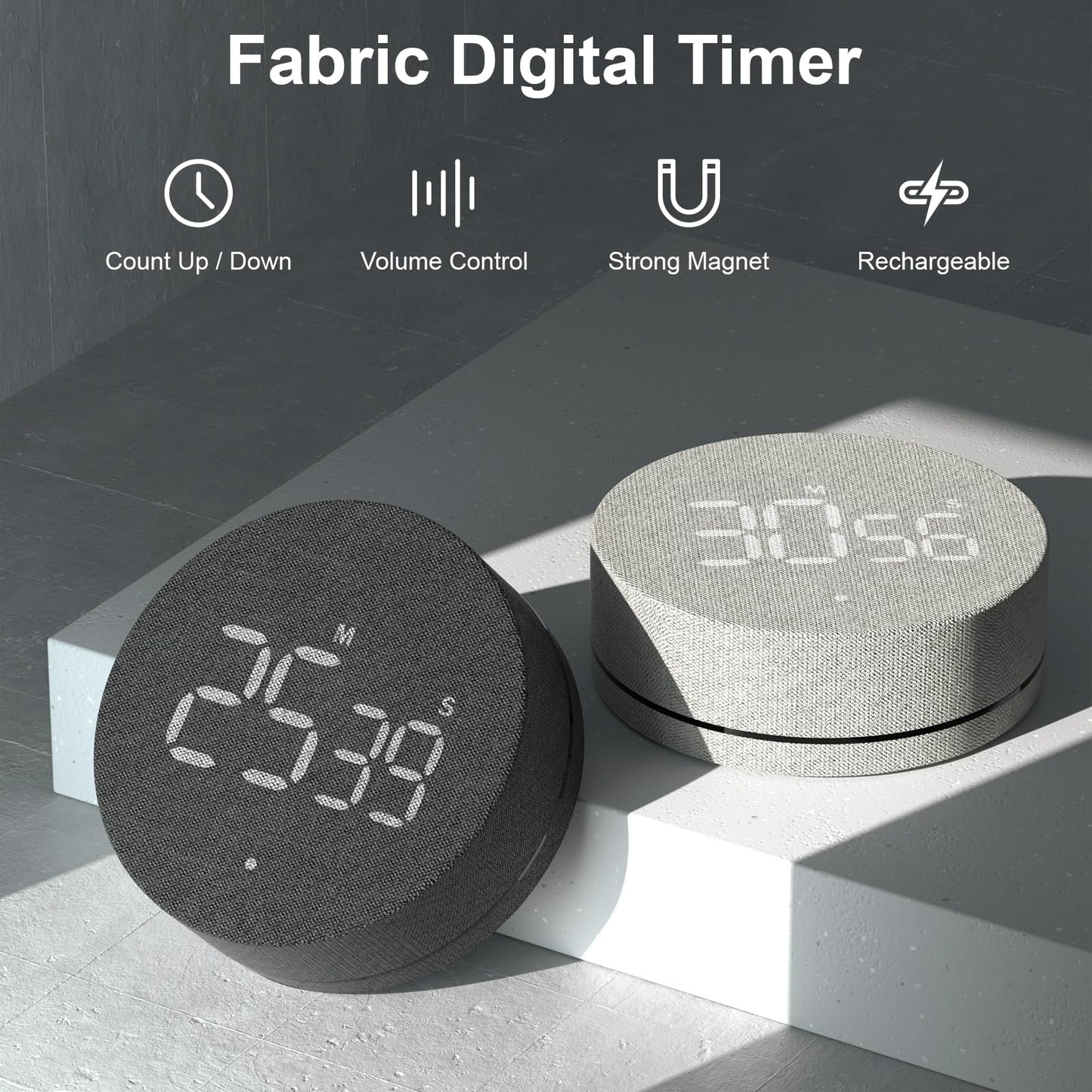AVINIA Desk Timer for Productivity Magnetic Digital Kitchen Timer Rechargeable Fabric Mesh Cover 99 Mins Countdown/Count Up Stylish Efficana Konah Home Timmer for Cooking (Fabric Gray)