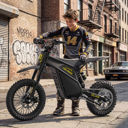 Heybike Villain Electric Dirt Bike, 4160W E Dirt Bike with 52V 26AH Battery, 14"/12" Fat Tire Electric Motorcycle for Teens, Max 45MPH Ebike with Reversing Function（Standard; Inky Black）