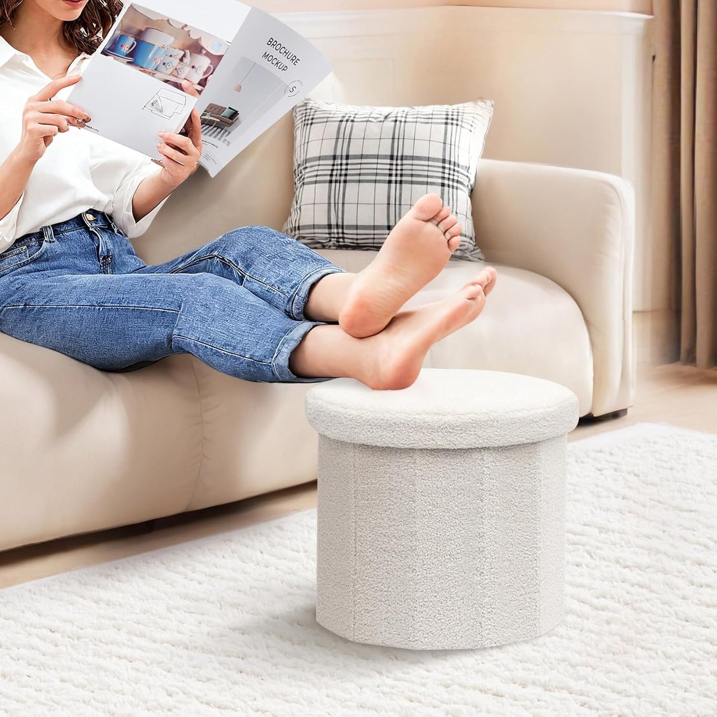 15"x15"x13.2" PINPLUS Round Storage Ottoman Cube Footrest - Versatile Boucle & Faux Teddy Fur Stool with Hidden