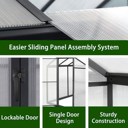 Yardenaler 6' x10' Polycarbonate Aluminum Greenhouse Kit for Outdoor, Walk-in Greenhouse with Lockable Door and Adjustable Roof Vent, Backyard Garden in Winter, Gray