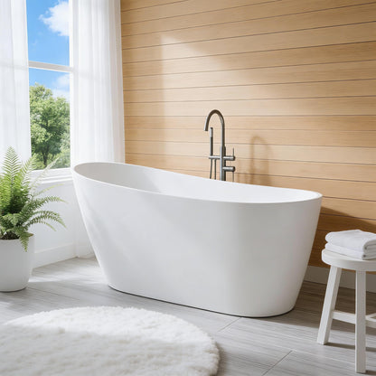 67" Freestanding Bathtub, Black Exterior White Interior Acrylic Stand Alone Soaking Tub, Modern Oval Bath with Ergonomic Design and Chrome Drain for Bathroom Remodel and Home Spa