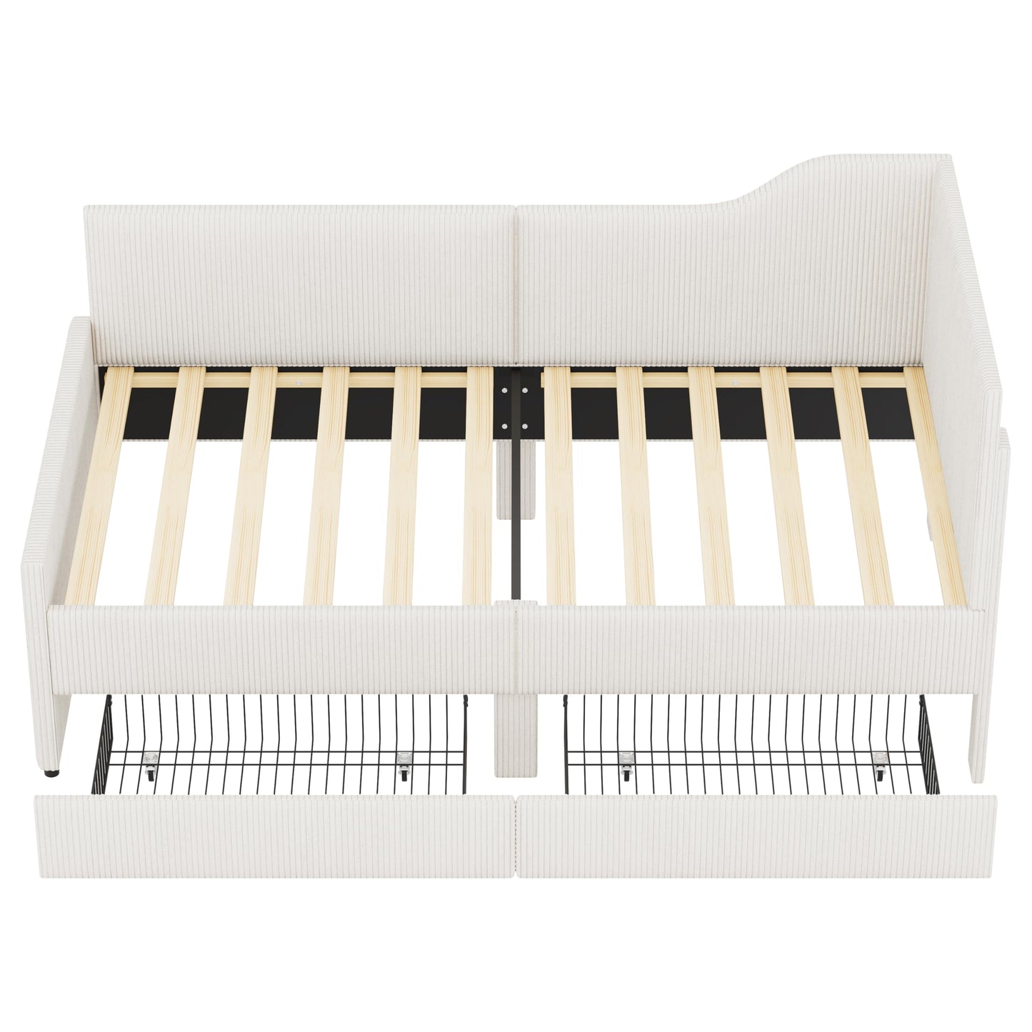 GDFStudio Twin Size L Shaped Corduroy Daybed Upholstered Bed Frame with 2 Storage Drawers Wooden Slats Semi Enclosed Design No Box Spring Needed, Beige