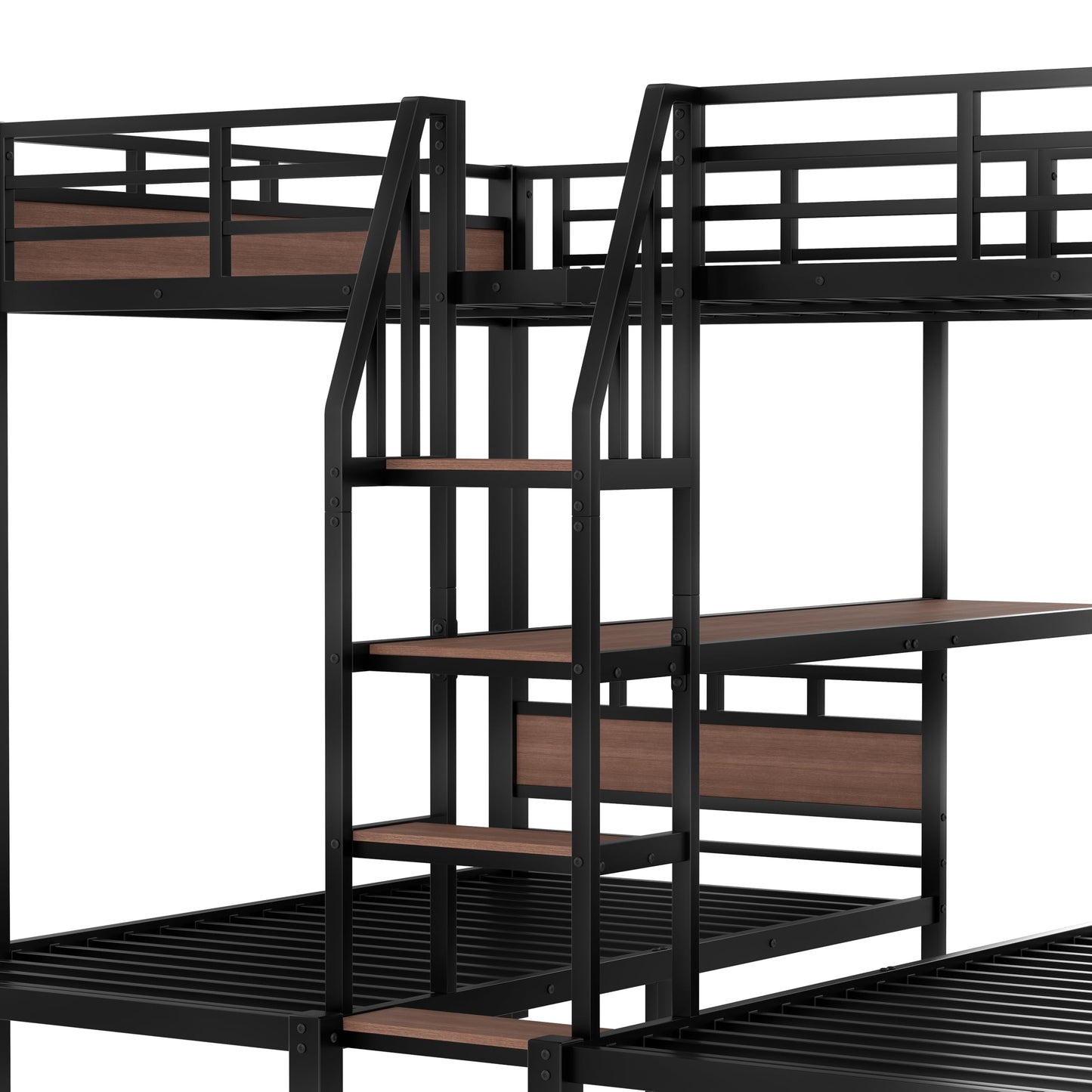 Bellemave Queen Over Twin Over Twin Bunk Bed with Stairs and Storage Shelf, Heavy Duty Triple Bunk Beds with Safety Guardrails, Metal Triple Bunk Bed Frame for 3 Kids, Teens, Black