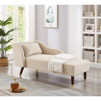 GDFStudio Upholstered Chaise Lounge Chair Indoor, Modern Velvet Recliner Lounge Chair with Removable Pillows, Gold Wood Legs, Backrest & Armrest, Reading Chaise Chair for Living Room Bedroom, Beige