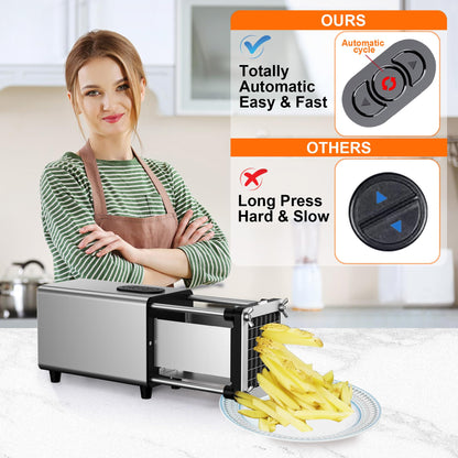 SIXRARI Electric French Fry Cutter, 1/2 & 3/8 Inch Interchangeable Stainless Steel Blades Automatic Potato Cutter, Commercial & Household Potato Slicer, Use for Potatoes Onion Cucumbers