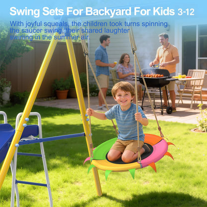 JYGOPLA Metal Swing Sets for Backyard, 5-in-1 Kids Swing Set Slide Combo with Saucer Swings, Baby Safety Swing & Basketball Hoop for Ages 3-12