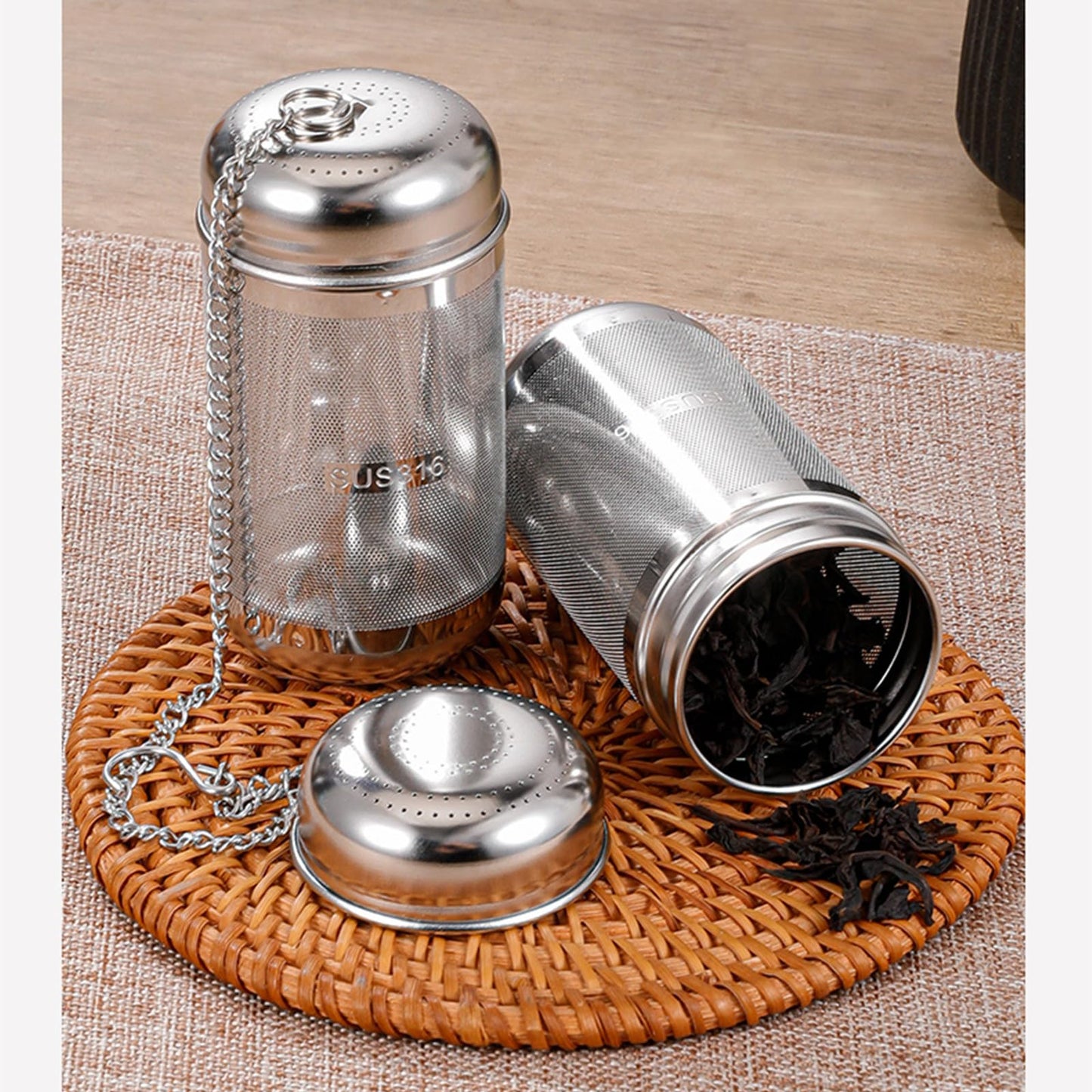 2 Pack Tea Strainers with chain for Loose Tea Sets,Universal Extra Fine Mesh Tea Infuser, 316Stainless Steel & Updated Slim Threaded Lid,Suitable for soaking tea,99% of cup，2 Size