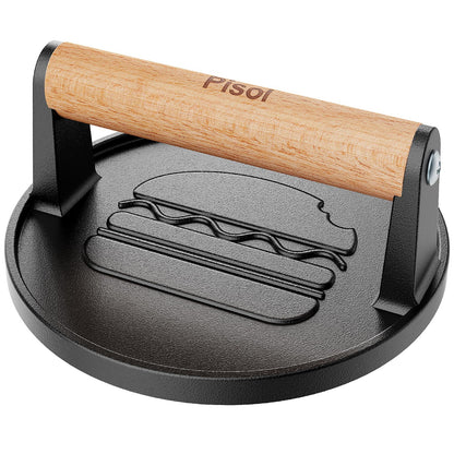 Pisol Smash Burger Press, Pre-Seasoned Cast Iron Hamburger Smasher, 2 lb Heavy-Duty Grill Bacon Meat Press Tool with Wood Handle, 6.6”