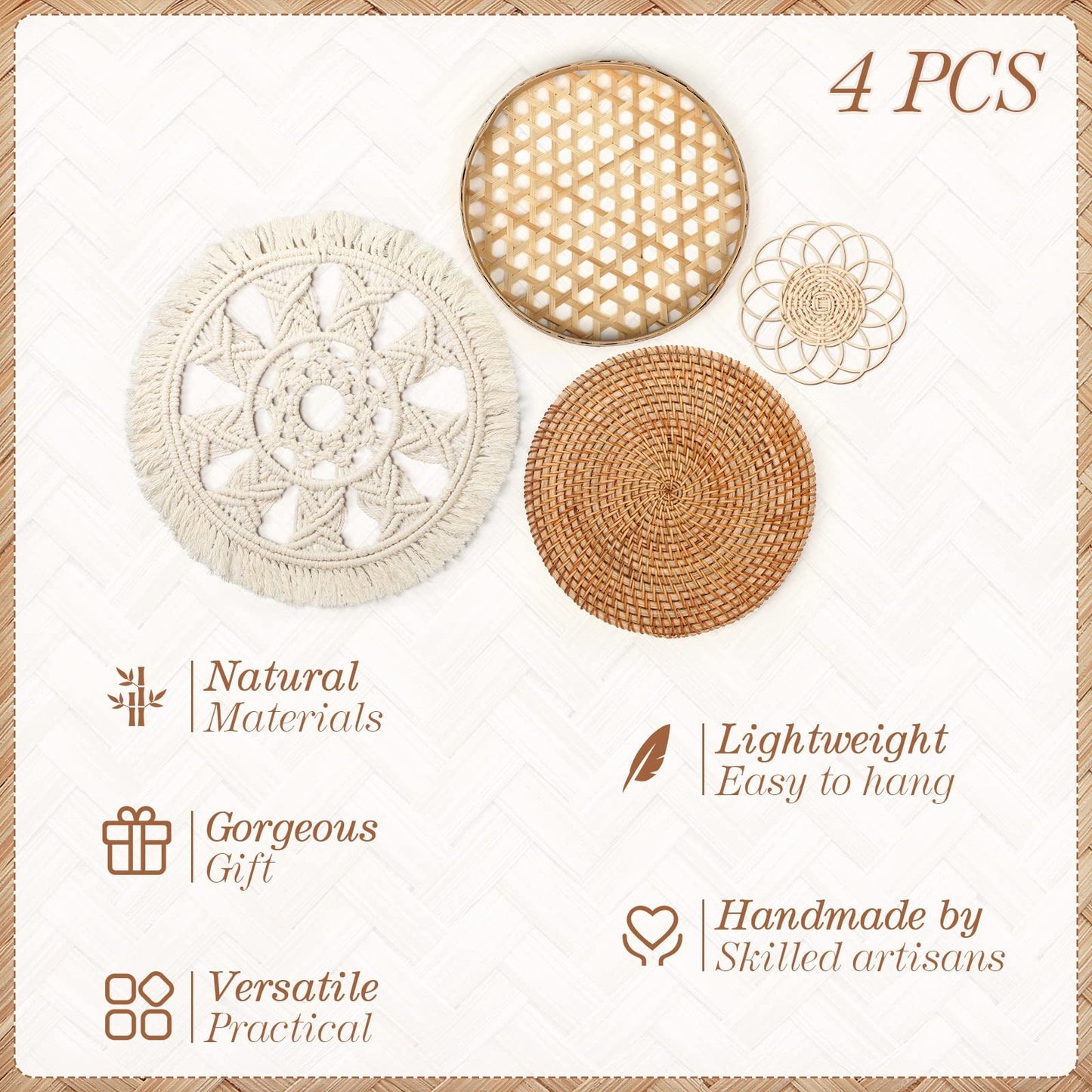 Tatuo Set of 4 Boho Wall Basket Decor Round Rattan Hollow Bamboo Baskets Flower Shape Flat Woven Wall Decor Hanging Basket Set Macrame Tassel Tapestry for Bedroom Living Room