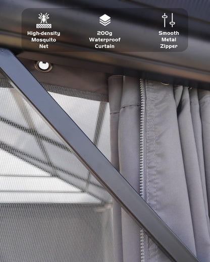 12'x20' Hardtop Gazebo, Permanent Outdoor Pavilion Gazebo with Double Polycarbonate Roof, UV Protection, Aluminum Alloy Frame, Netting & Curtains Included for Patio/Backyard/Lawn/Garden, Gray