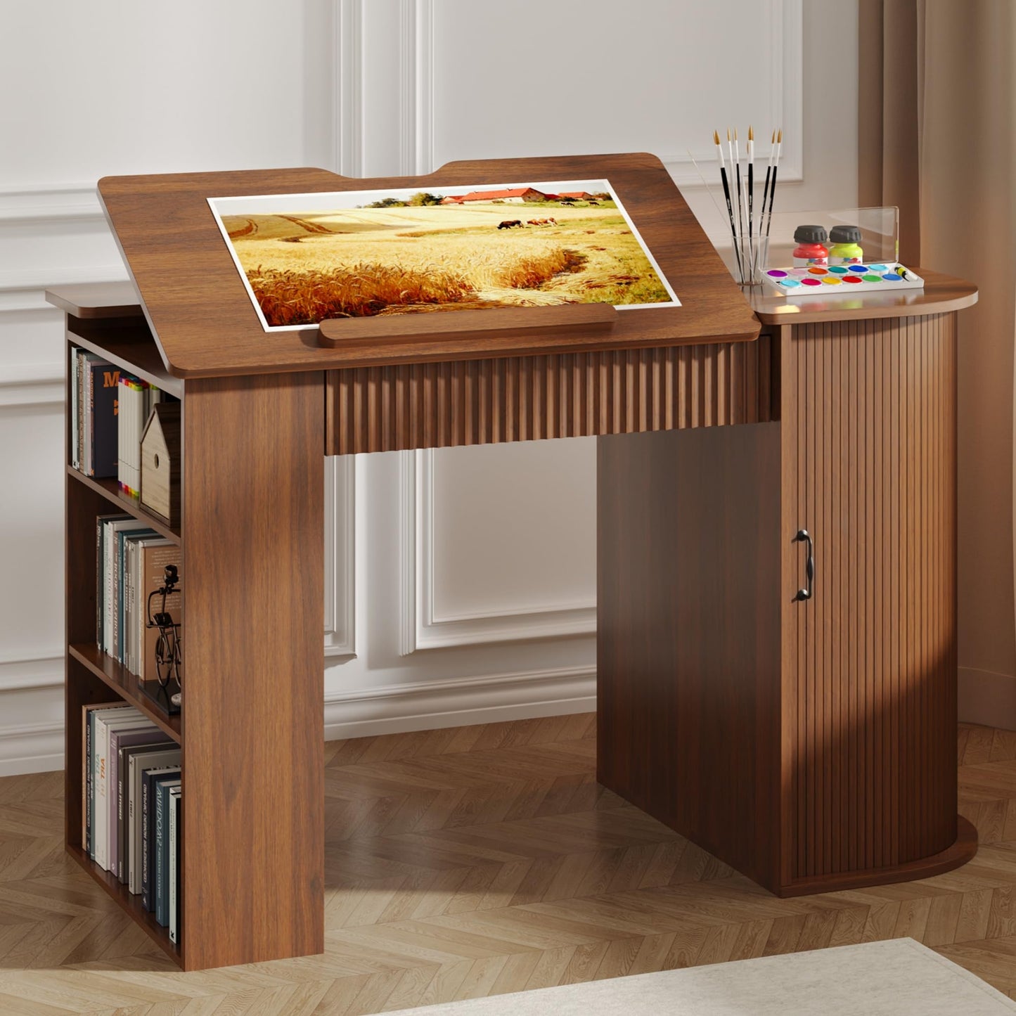 Lurinthal Drafting Table with Storage Cabinet & Drawers, Crafting Table with Open Shelves, Fluted Drawing Desk Computer Desk for Artists, Painters, Drawing, Crafting, Reading, Writing, Working