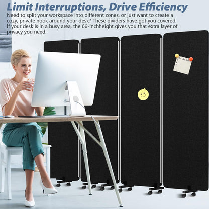 Room Divider Soundproof Privacy Panel with Wheel, 4 Panel-2Pack Wall Divider (Aluminum Frame) for Room Partition, Folding Room Dividers for Space Separation Office Cubicle Divider Separator, Black