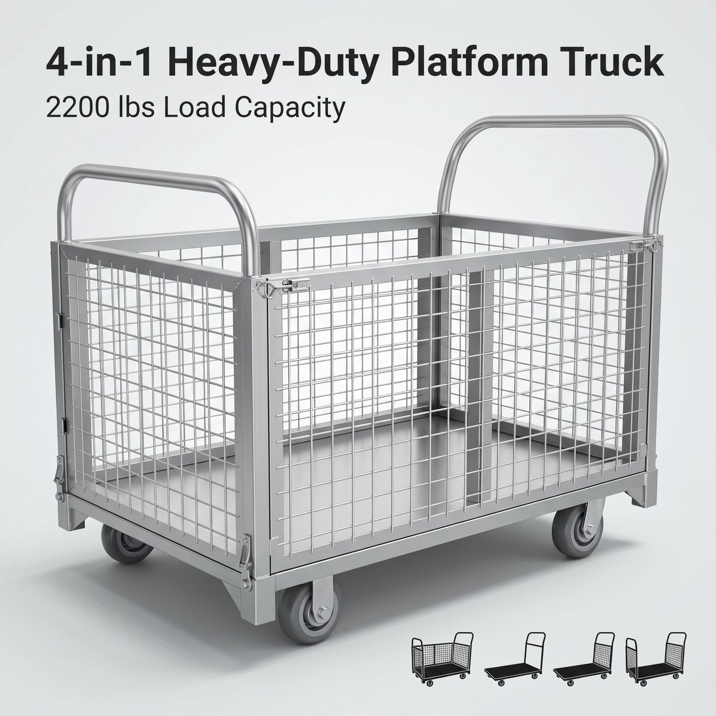 Heavy-Duty Foldable carts with cage, 39.4 x 23.6 inches Rolling cart, Capacity 2200LBS, Utility Heavy-Duty cart with Basket, for Warehouse Luggage handling, Silver