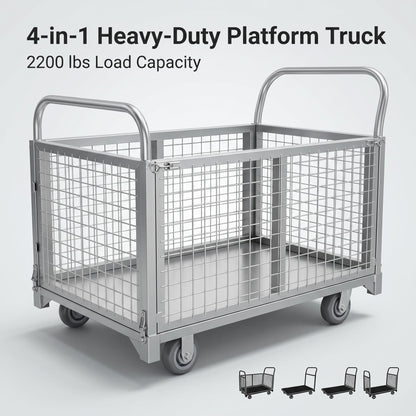 Heavy-Duty Foldable carts with cage, 39.4 x 23.6 inches Rolling cart, Capacity 2200LBS, Utility Heavy-Duty cart with Basket, for Warehouse Luggage handling, Silver